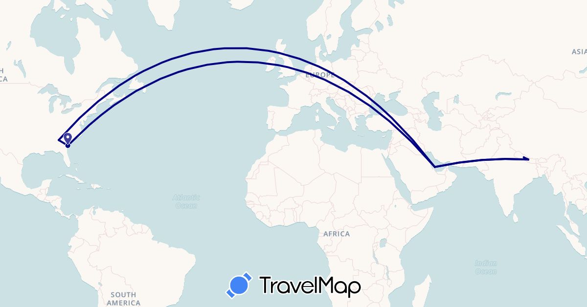 TravelMap itinerary: driving in Nepal, Qatar, United States (Asia, North America)